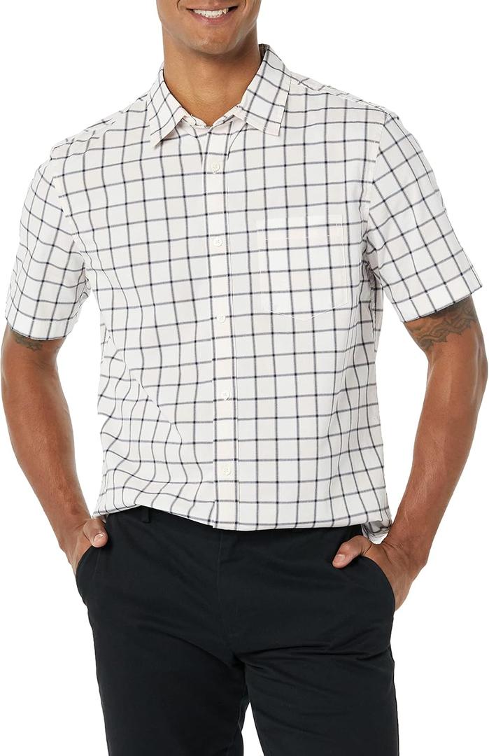 Amazon Essentials Men's Short Sleeve Dress Shirt with Stretch, Charcoal White Vertical Stripe (Pink White Buffalo Plaid), Small