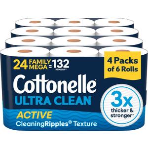 Cottonelle Ultra Clean Toilet Paper, 24 Family Mega Rolls=132 Regular Rolls