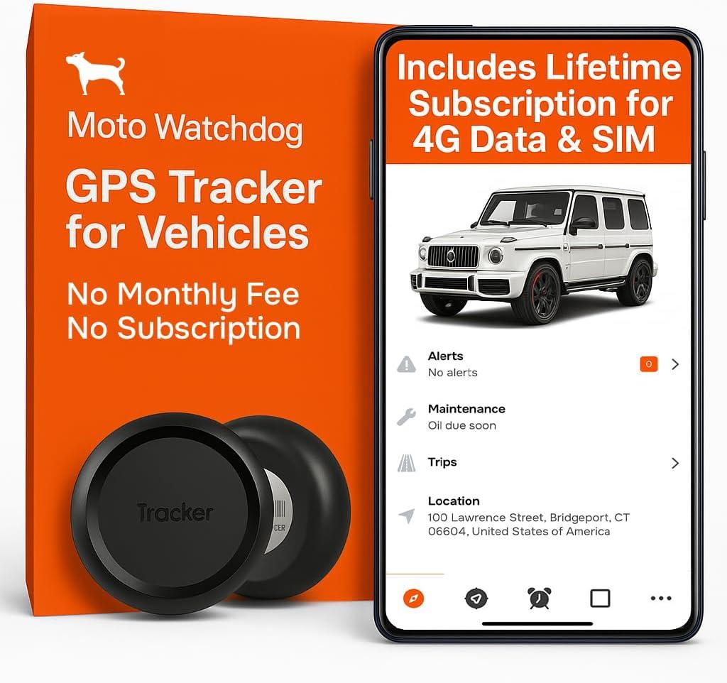 GPS Tracker for Vehicles, No Monthly Fee, No Subscription, 4G SIM and Data Included, Business Fleets, Speeding Alerts, Trip History, Mileage Tracking, Geofence, Magnetic, USA Developed, Moto Watchdog