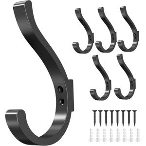 Wall Hooks for Hanging Coat/Backpack - 5.4'' Large 40LBS Heavy Duty Hanger Wall Mount Screw in, for Towel, Closet, Robe, Bag, Outdoor, Black 6 Pack