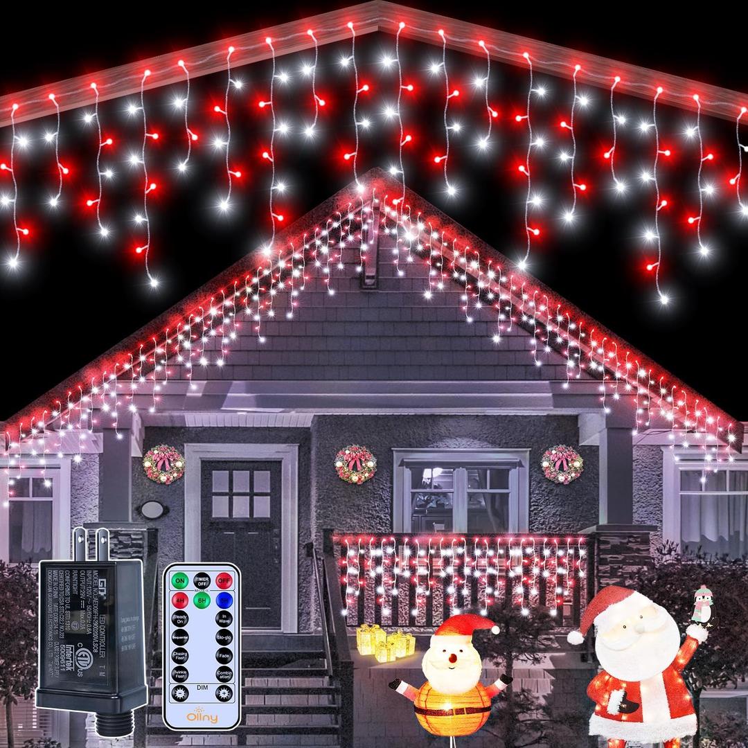 Ollny Icicle Lights for Outside 504LED 41FT, Red and White Christmas Light with Remote 8Modes Timers Waterproof, Plug in Connectable Hanging Lights for Outdoor Indoor House Roof Holiday