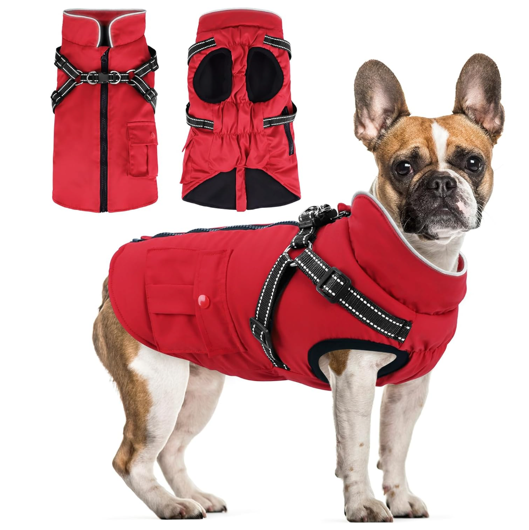 Dog Winter Coat with Harness Built-in | Waterproof Dog Jacket with Zipper & Fleece Lining | Reflective Cold Weather Coat for Small Dogs (S)