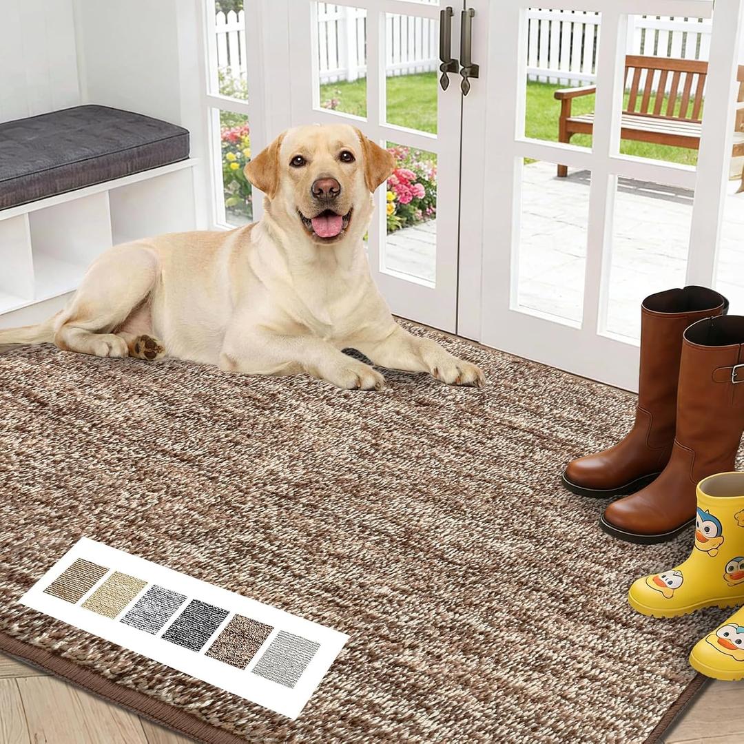REFETONE Indoor Doormat, Front Door Mat 32"x48" Absorbent Rubber Backing Non Slip Door Mats, Washable Low-Profile Inside Floor Mat Door Rugs for Entryway, Resist Dirt Mud Mat for Dogs, Coffee/Brown