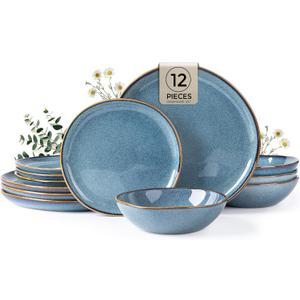 AmorArc Ceramic Dinnerware Sets,Handmade Reactive Glaze Stoneware Plates and Bowls Sets,Highly Scratch Resistant | Dishwasher & Microwave Safe Dishes Set,Service for 4 (12pc)