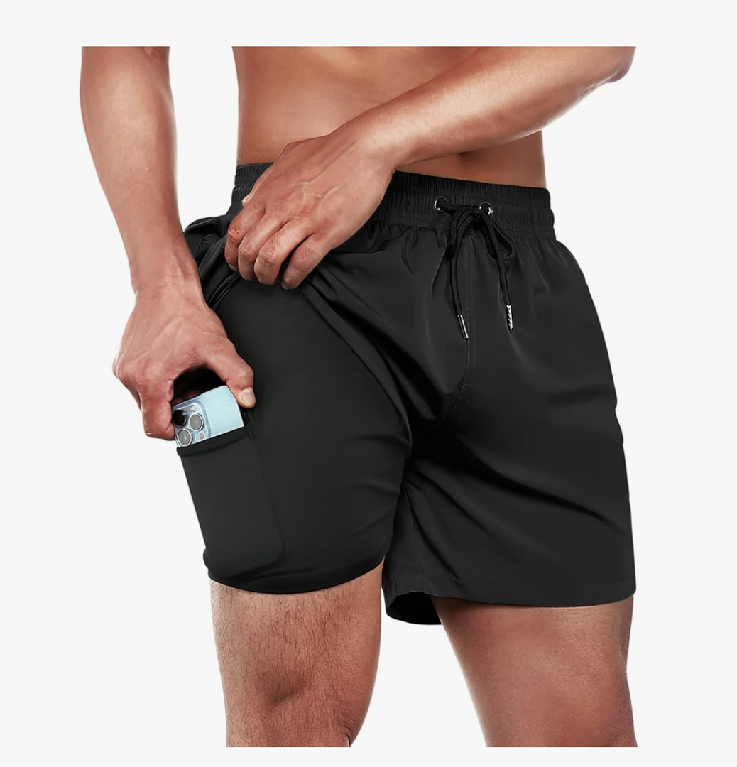 BRISIRA Men's Swim Trunks Swim Shorts Quick Dry 5 inch Inseam Beach Shorts with Compression Liner and Zipper Pocket Black Size 44