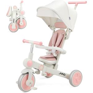 JMMD Baby Tricycle, 7-in-1 Foldable Kids Trike with Adjustable Parent Handle, Safety Harness & Wheel Brakes, Removable Canopy, Stroll Trike for Boys & Girls Ages 18 Months-5 Years, Pink