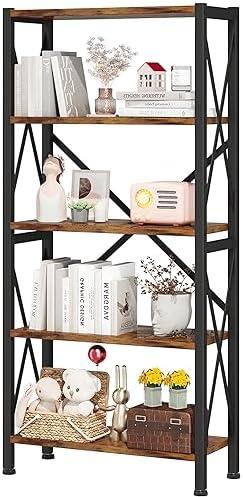 Homeiju 5-Tier Bookshelf,Wood Bookcase,Book Shelf with Steel Frame, Storage Rack with Open Shelves, Rustic Standing Bookshelves Ladder Shelf 110lbs/shelf for Bedroom,Living Room and Home Office
