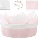 OIAHOMY Gift Basket Empty with Handle, 12"x 8"x 5" Small Woven Basket with Gift Bag, Ribbon and Wrap Tissue Paper, Dog Toy Storage for Organizing - Pink & White