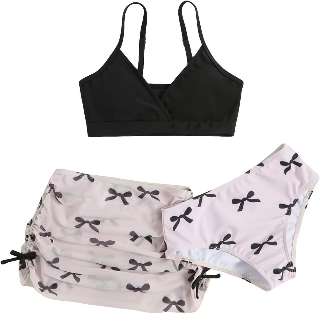 COZYEASE Girls' 3 Piece Set Floral Print Bikini Swimsuit with Drawstring Beach Skirt Cute Ruched Bathing Suit Bow Knot Pink, 11Y