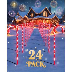 COOLWUFAN 24 Pack Christmas Candy Cane Pathway Lights, 22'' Outdoor Christmas Decorations Path Lights, Waterproof Candy Cane Yard Markers for Walkway, Lawn, Patio, Holiday Landscape Path Dcor