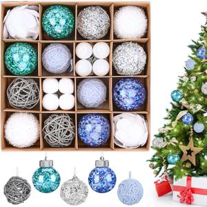 30Pcs Christmas Balls Ornaments Set, Assorted Shatterproof Christmas Ornaments, Colorful Xmas Tree Decoration with Hanging Loop for Wreath Holiday Home Decor, Blue & Silver & White