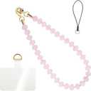 Handmade Natural Gemstone Gold Beaded Charm Cell Phone Camera Lanyard, Wrist Strap, Phone Chain String, Keychain Decor for Wallet, Stanley Cup Accessories (Rose Quartz)