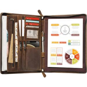 Ringsun Genuine Leather Portfolio with Zipper, Business Organizer for A4/Pad/Phone, Brown, RS63