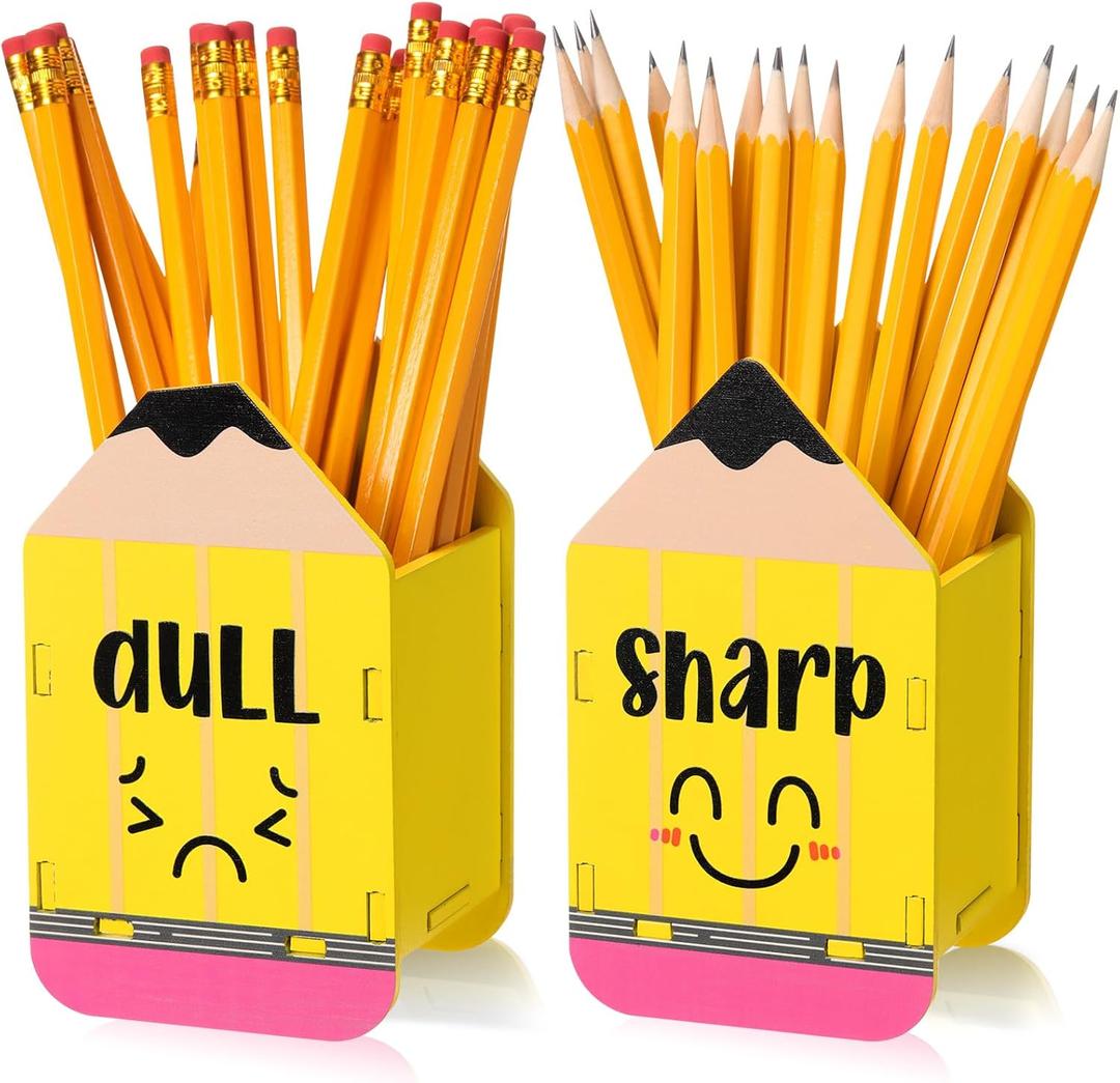 DoubleFill 2 Pcs Pencil Shaped Holder Sharp Dull Holder Wooden Dispenser Pencil Storage for Back to School Teachers Classroom Organization(Cute,Yellow)