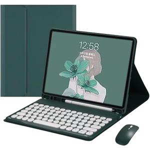 Galaxy Tab S8 Plus/S7 FE/S7 Plus 12.4” Case with Keyboard and Mouse Combo,Retro Round Keys Detachable Keyboard Case with S Pen Holder for Tab S7FE 2021/S7+ 2020/S8+ 2022 (Teal)
