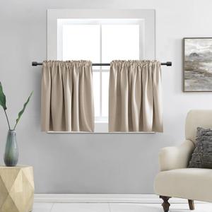 DONREN Cafe Half Curtains 38 Inches Length,Short Blackout Rod Pocket Kitchen Curtains for Small Window, 34" Wide and 38" Long, 2 Panels,Taupe