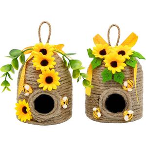 nuvagiki 2 Pack Bee Hive Decor, Farmhouse Bee Decorations with Sunflower, Rustic Bumble Bee Tiered Tray Decor for Kitchen Table, Spring Summer Home Decor