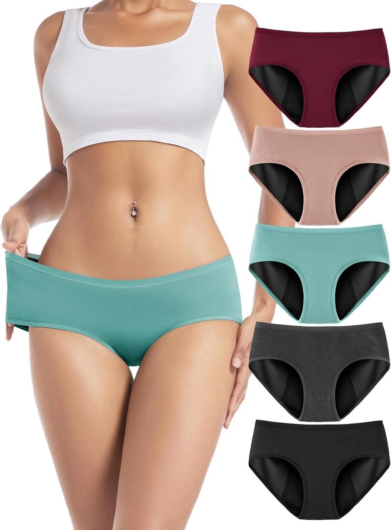 TIICHOO Period Underwear for Women Heavy Flow Soft Menstrual Panties Teens Ladies Leakproof Incontinence 5 Pack (1 Black/1 Light Grey/1 Burgundy/1 Rose Gold/1 Turquoise Green, XX-Large)
