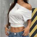 WDIRARA Women's Cap Sleeve Off Shoulder T Shirts Cinched Waist Crop Tops (White, L)
