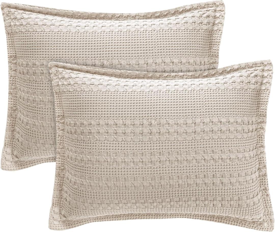 PHF 100% Cotton Ruffle Waffle Pillow Shams Standard Size, 2 Pack 20" x 26" Soft Skin-Friendly Pillowcases, No Filling, Aesthetic Home Decor, Breathable Waffle Weave Bed Pillow Covers, Oatmeal (26" x 20" (Pack of 2), Oatmeal-ruffle)