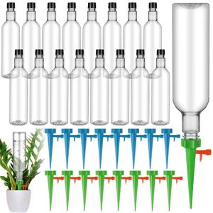 SiliFine 16 Set Plant Watering Devices with Self Watering Spikes and 26 oz Plastic Bottles Plant Waterer Devices with Adjustable Control Valve Switch Indoor Outdoor (Clear)