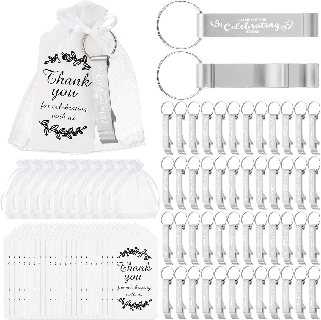 Misdary 100 Sets Wedding Thank You Gifts for Guests Include 100 Beer Bottle Opener Keychains 100 Thank You Cards 100 Organza Bags for Wedding Bridal Shower Birthday Souvenirs Gifts(Silver)