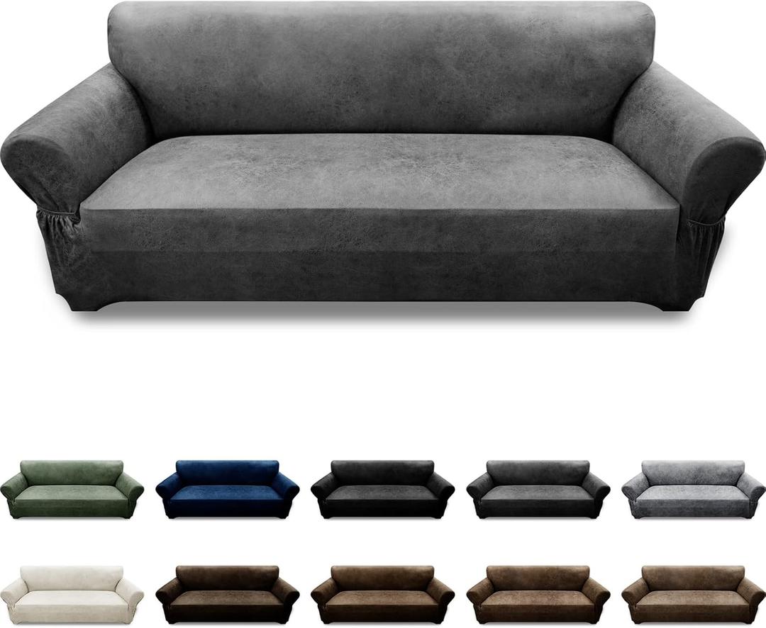 Couch Cover Leather Look 3 Seater Couch Sofa Cover 1-Piece Sofa Slipcover Stretch Furniture Protector with Elastic Bottom & Pockets(Sofa, Grey)