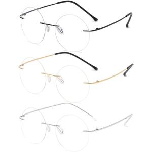 KOOSUFA Titanium Rimless Round Reading Glasses 2.0 Blue Light Blocking Eyeglasses Readers Frameless Lightweight Eyewear for Men Women, Black+golden+silver