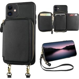 Bocasal RFID Blocking Wallet Case for iPhone 11, Adjustable Crossbody Zipper Purse Case Card Holder with Kickstand Detachable Wrist Strap, PU Leather Flip Folio Case 6.1 Inch (Black)