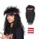 FantaLook 80s Wig with Bandana for Men Long Curly Black Rocker cosplay wig for Halloween