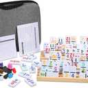 Mexican Train Numbers Dominoes with 4 Wood Trays, Color Double 12 Numerical Domine Set for Adults and Family, Classic 91 Tiles Board Grame with Waterproof Case