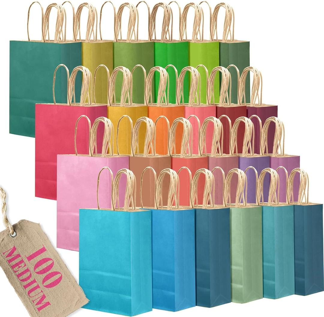 Qiqee 100PCS Medium Mulitcolor Gift Bags With Handles Bulk Multiple Uses (10.6"x8.3"x4.3")