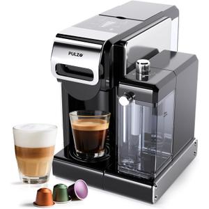 PULZO Espresso Machine with Integrated Automatic Milk Frother, capsule coffee maker for K*cup capsule/Ne*s Original/coffee powder, One Touch Latte & Cappuccino
