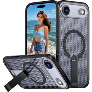 for Apple iPhone 17 Air Case Magnetic Heat Dissipation with Foldable Kickstand, Compatible with MagSafe  Mesh Breathable Hollow Honeycomb Shockproof Cooling Cover for iPhone Air FX-Black
