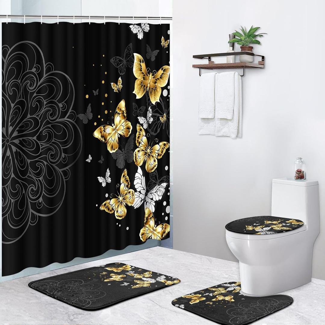 4 Piece Shower Curtain Set, Butterfly Mandala Waterproof Bathroom Set Accessories with Non-Slip Rugs, Black Flowers Toilet Lid Cover Bath Mat and 12 Hooks, Home Decor 72" x 72" (Gold Black Butterfly)
