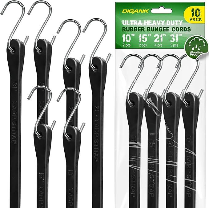 Bungee Cords with Hooks (10 Pack) Heavy Duty Outdoor Rubber Tarp Straps in 10", 15", 21", 31" Sizes, Crimped S Hooks for Cargo, Bikes, Camping Gear, Luggage  Max Stretch 1.5X, Load 180 lbs