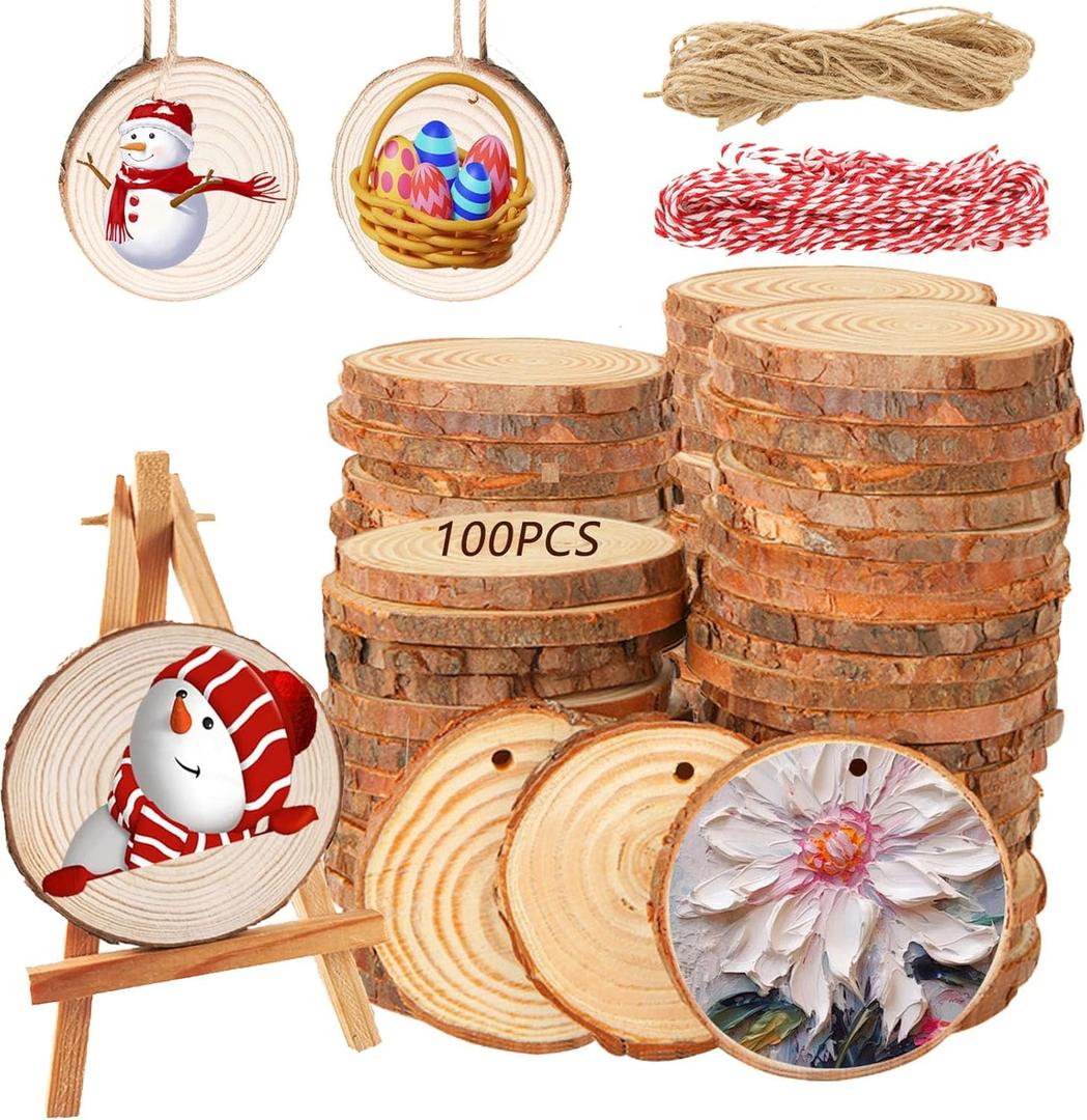Acrux7 100 PCS Natural Wood Slices for Painting, 2.4-2.8 Inch Unfinished Wood Slice Discs Predrilled with Hole, Round Wooden Slices for DIY Crafts, Arts, Christmas Ornaments, Coaster, Home Decoration