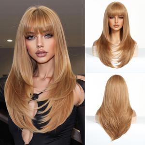 Long Straight Blonde Wigs Human Hair with Bangs Layered Breathable Comfortable Natural for Women Party Use (Strawberry Blonde(6344-8),24 iNCH)