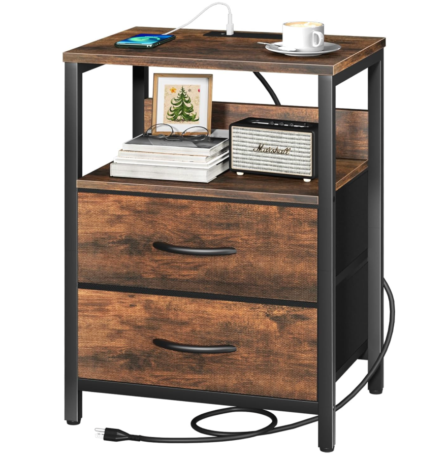 Yoobure Nightstand with Charging Station, Small Night Stand with Fabric Drawers and Storage Shelf for Bedrooms, Small Spaces, Bedside Table with USB Ports & Outlets