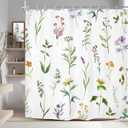 Riyidecor Wildflower Shower Curtain 60Wx72H Inch Watercolor Botanical Floral Flowers Green Leaves Plant Nature Botany for Girls Women Cute Bathroom Decor Fabric Polyester Waterproof 12 Pack Hooks