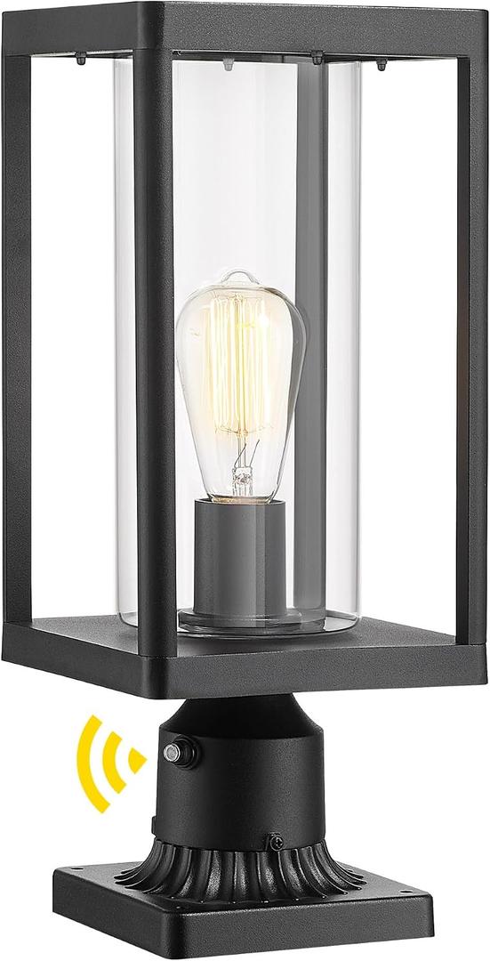 Beionxii Outdoor Post Lights, Dusk to Dawn Large Lamp Post Light Fixture Pier Mount Lantern with Square Base, Black Cast Aluminum w/Clear Cylinder Glass (20" x 7") - A291P-1PK/BS