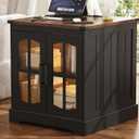 ChooChoo Rustic End Table, 24" Large Sofa Side Table with Charging Station & LED Light, Black Nightstand with Adjustable Storage Shelf, Square Bedside Table for Living Room, Bedroom, Office