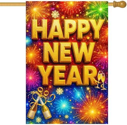 HOMETITUTE Happy New Year House Flag 28x40 Inch Double Sided Garden Flag Gold Letter Fireworks and Champagne Design Large Holiday Yard Banner Outdoor Winter Decor Flag for Porch Lawn Home Decoration