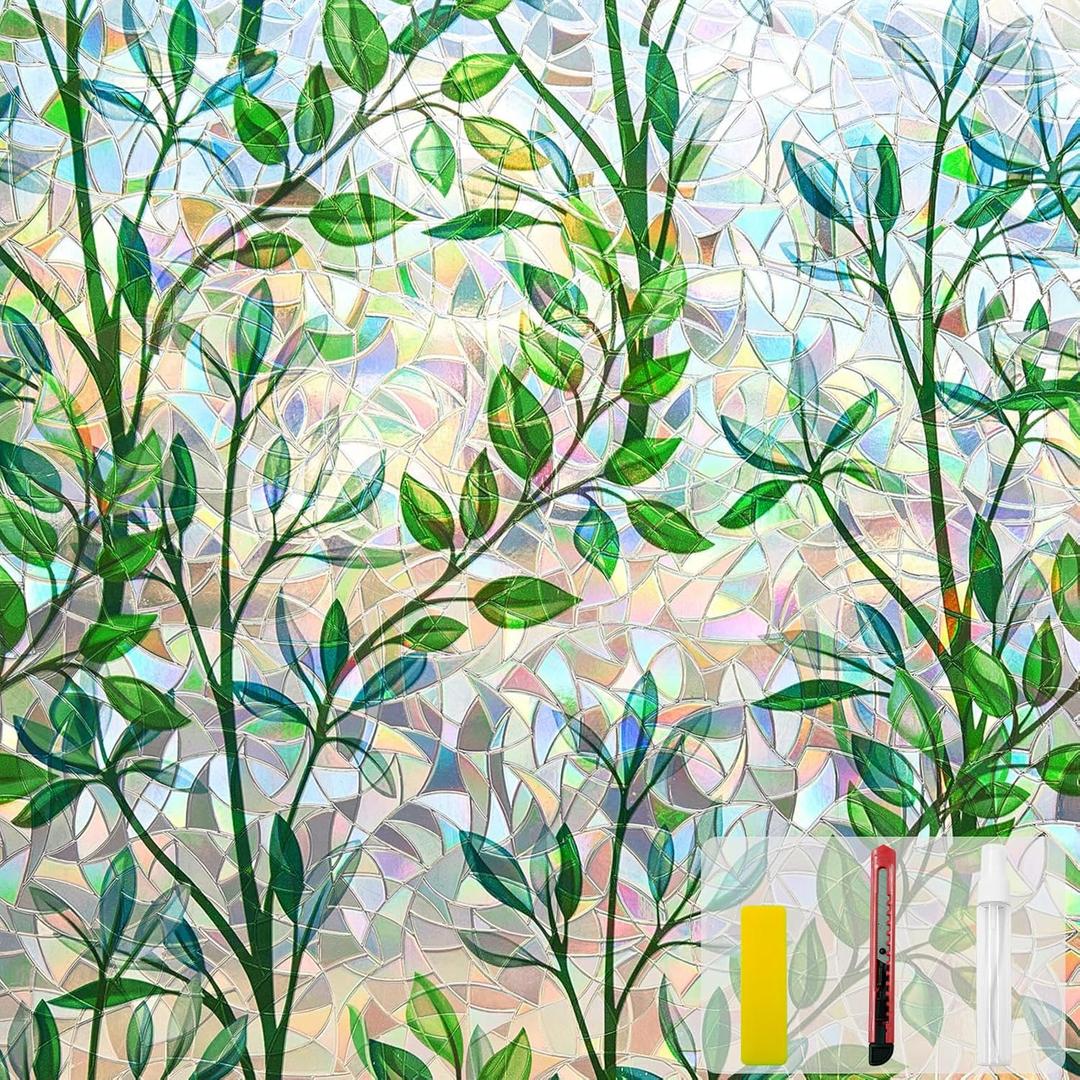 Window Privacy Film Stain Glass Window Film Rainbow Window Film Window clings Non-Adhesive Reusable Decorative for Room (Leaf Rainbow, 17.5 X 157.4 in)