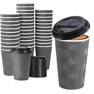 Lamosi 50 Pack - 16 oz Insulated Disposable Coffee Cups with Lids, To Go Paper Corrugated Ripple Wall Cup for Hot Drink Office Bar (Grey) 