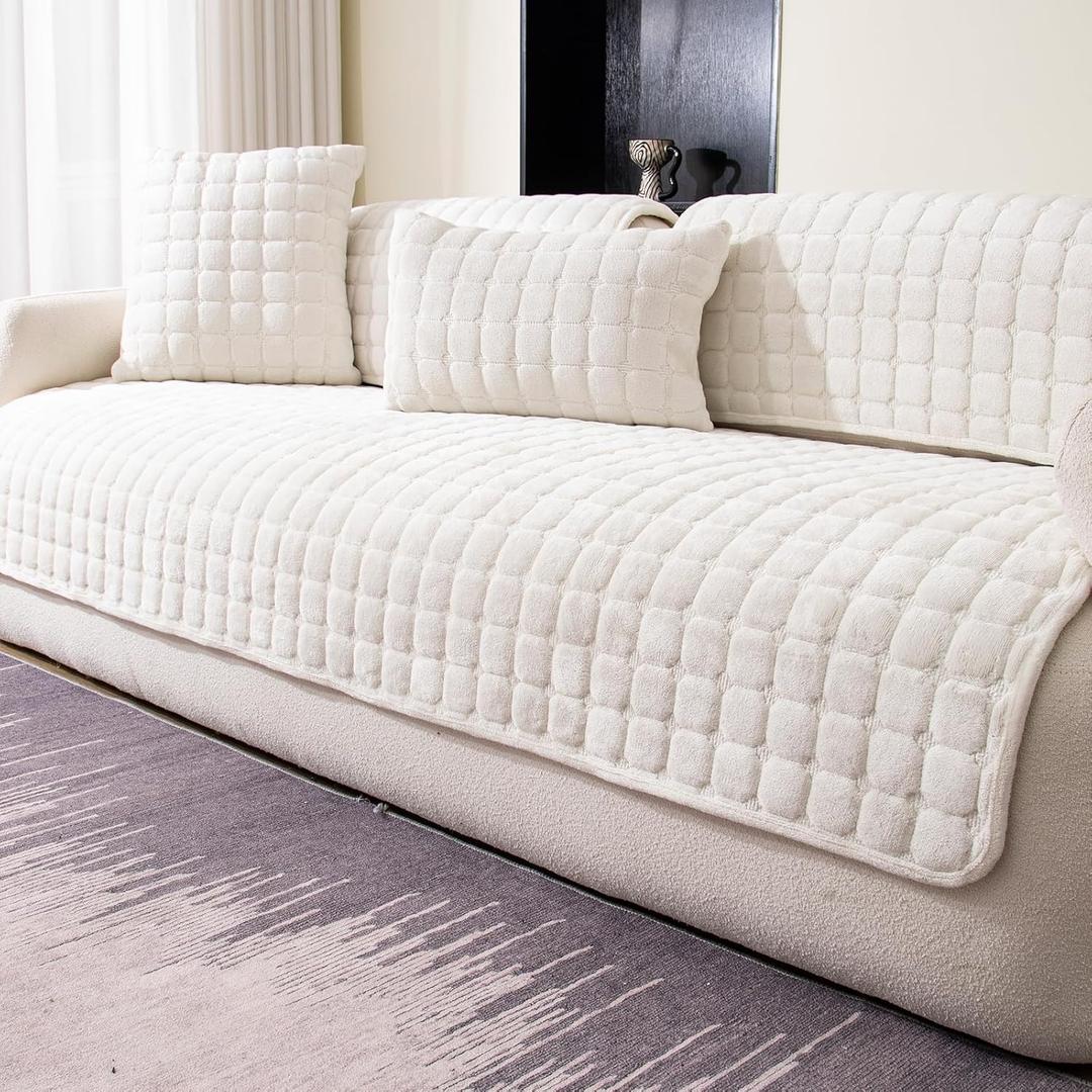 Velvet Couch Cover, Washable Sectional Sofa Cover, Anti Slip Sofa Slipcovers for 3 Cushion Couch Sofa L Shaped Recliner, Furniture Protector Covers for Pets Kids(White, Only 1 PCS) 36"x94"