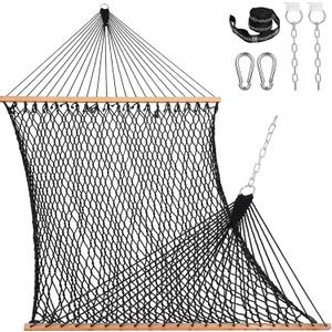 Lazy Daze Hammocks 12FT Double Rope Hammocks, 2 Person Hand Woven Cotton Hammock with Spreader Bar, Carabiner, Tree Strap, Chain for Outside, FIT 13-15 FT Stand, Max 450 Lbs, Black
