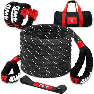 TYT Kinetic Recovery Rope,(1in x 30ft Black) 48000lbs Snatch Strap, Heavy Duty Stretch Nylon Towing Ropes with 2pcs Soft Shackles for Offroad Vehicle,Jeep,SUV,ATV,UTV,Tractor Elastic Ropes Kit