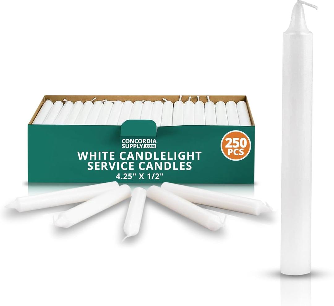 Concordia Supply Church Candles for Candlelight Service Vigil - 4.25" x 1/2" Bulk White Candles for Memorial, Congregational, Shabbat, Wedding, Communion, Baptism & Christmas Ceremonies - Box of 250