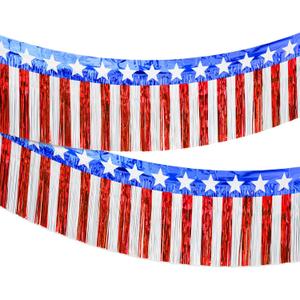 Red White Blue Garland Streamers - 2Packs 39.4 Feet Patriotic Decorations Foil Fringe Garland Tinsel Patriotic Metallic Banner American Flag Banner for Parade Floats, 4th of July Decorations